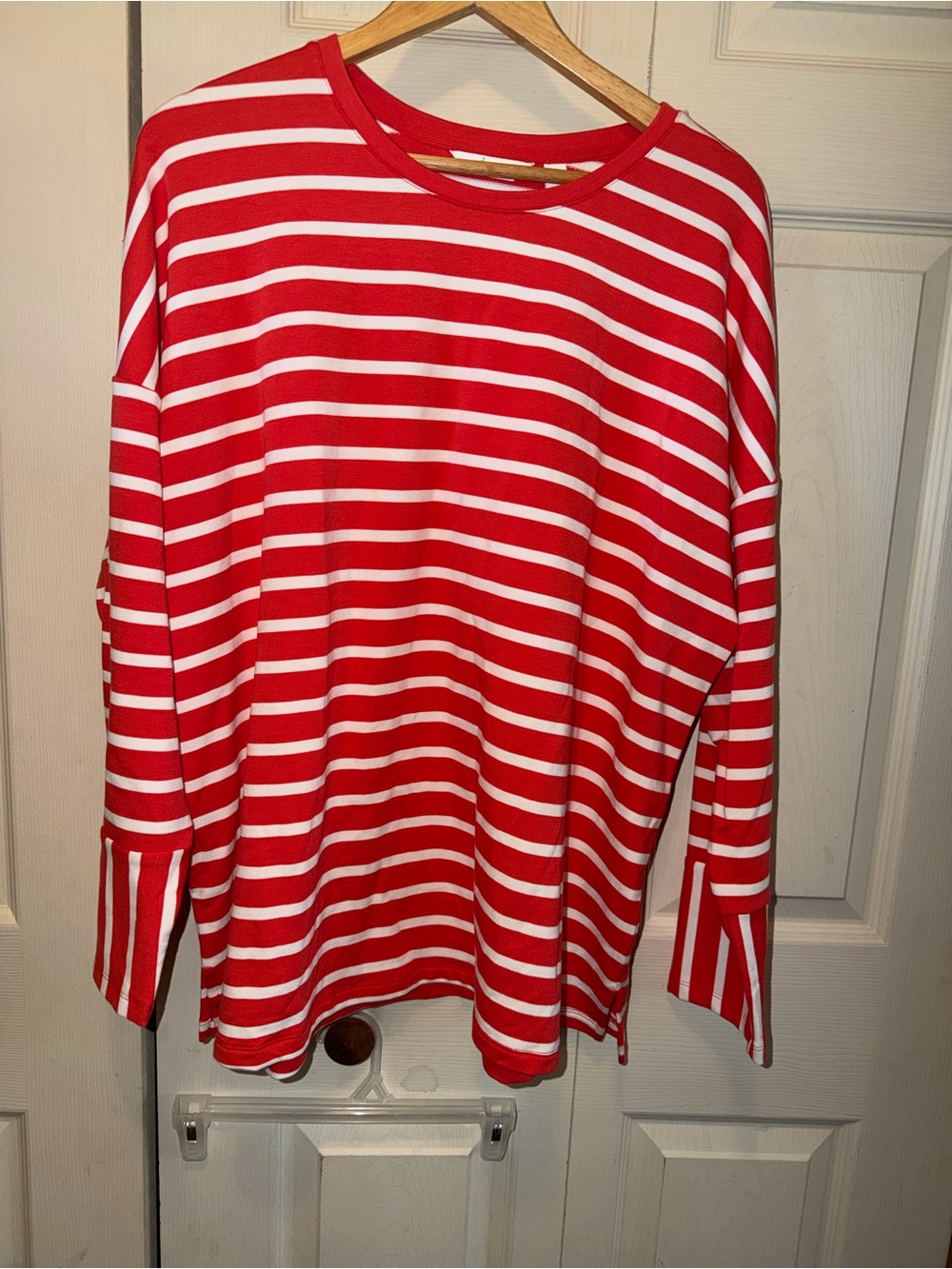Women's Red & White Striped Crewneck Sweater